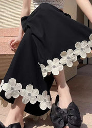Original Design Black Floral Patchwork Cotton Wide Leg Pants Summer