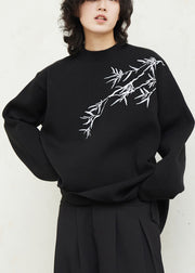 Original Design Black O-Neck Embroidered Thick Cotton Knit Sweaters Fall