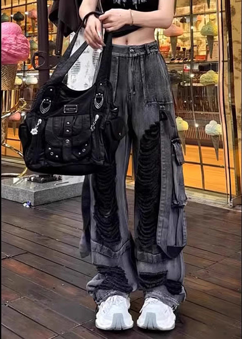 Original Design Black Oversized Denim Ripped Pants Fall