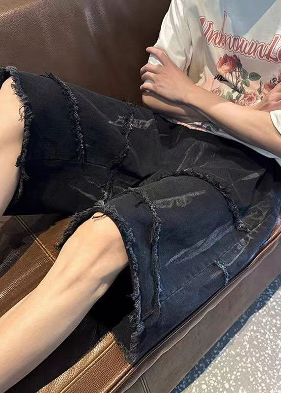 Original Design Black Raw Edge Elastic Waist Men Shorts Summer