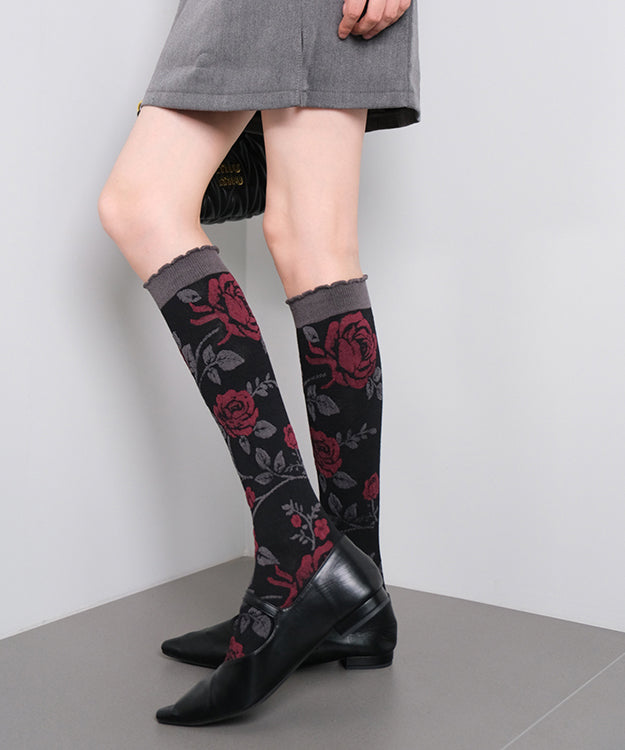 Original Design Black Rose Jacquard Cotton Over The Calf Socks