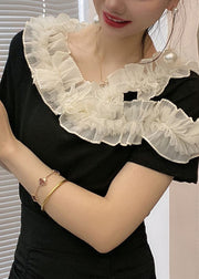 Original Design Black Ruffled Patchwork Cotton T Shirt Summer