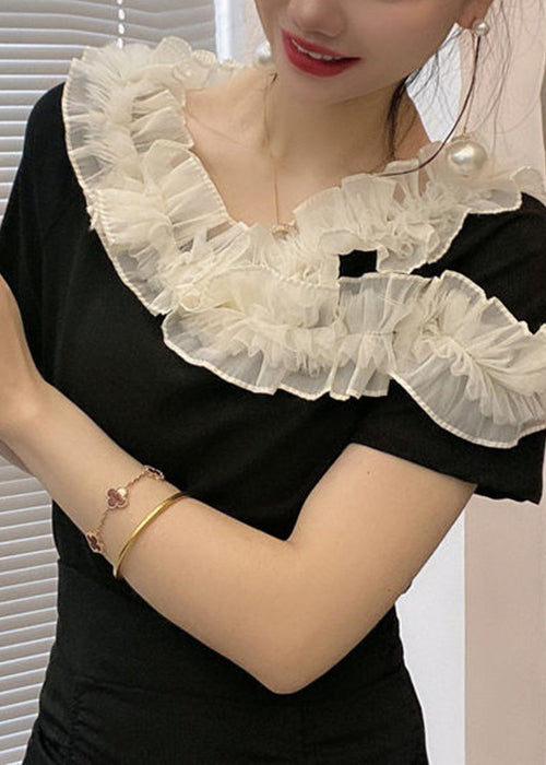 Original Design Black Ruffled Patchwork Cotton T Shirt Summer