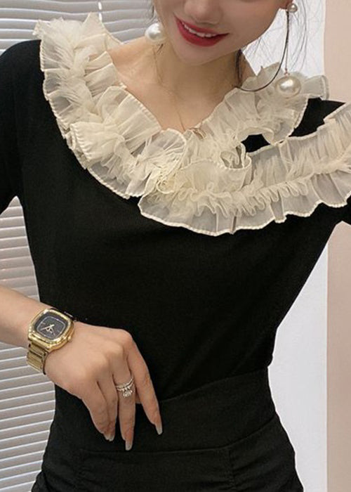 Original Design Black Ruffled Patchwork Cotton T Shirt Summer