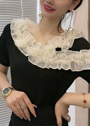 Original Design Black Ruffled Patchwork Cotton T Shirt Summer