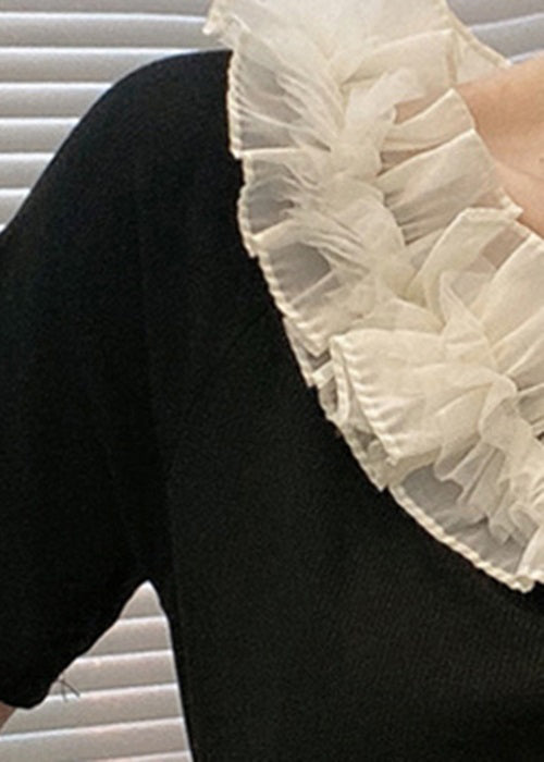 Original Design Black Ruffled Patchwork Cotton T Shirt Summer