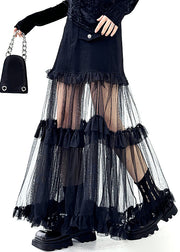 Original Design Black Ruffled Tulle Patchwork Denim Skirt Summer