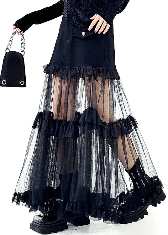 Original Design Black Ruffled Tulle Patchwork Denim Skirt Summer