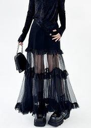 Original Design Black Ruffled Tulle Patchwork Denim Skirt Summer