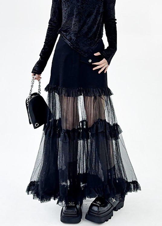 Original Design Black Ruffled Tulle Patchwork Denim Skirt Summer