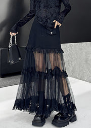 Original Design Black Ruffled Tulle Patchwork Denim Skirt Summer