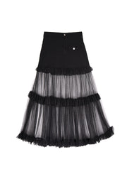 Original Design Black Ruffled Tulle Patchwork Denim Skirt Summer