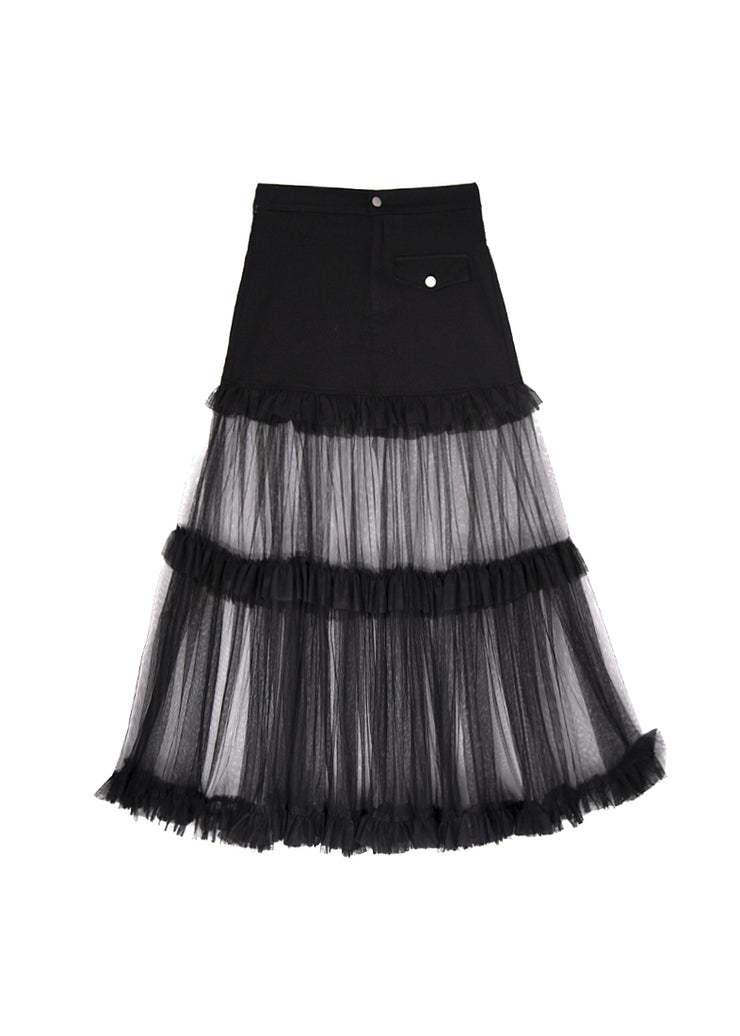Original Design Black Ruffled Tulle Patchwork Denim Skirt Summer
