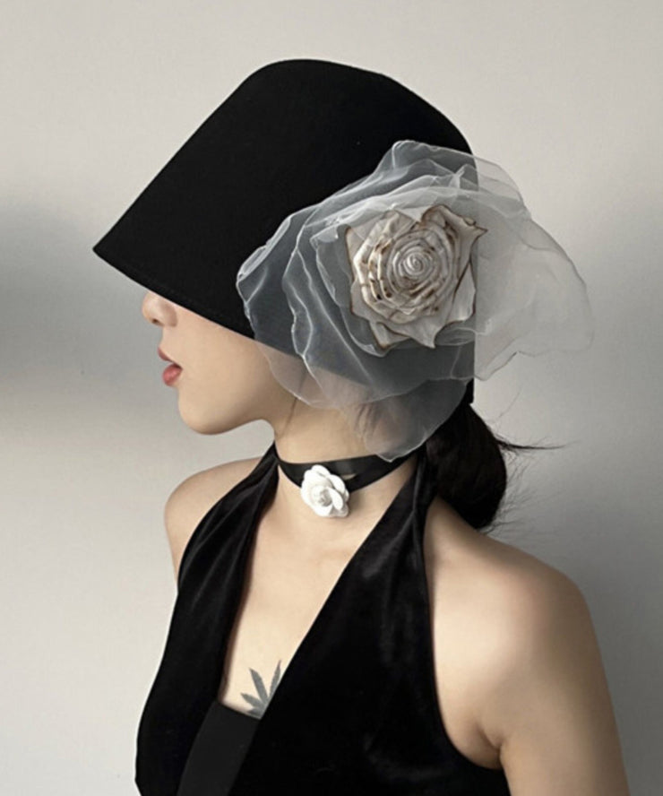 Original Design Black Tulle Rose Wool Bucket Hat