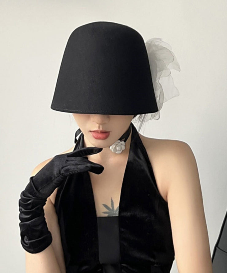 Original Design Black Tulle Rose Wool Bucket Hat