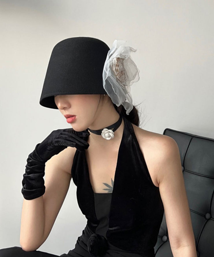 Original Design Black Tulle Rose Wool Bucket Hat