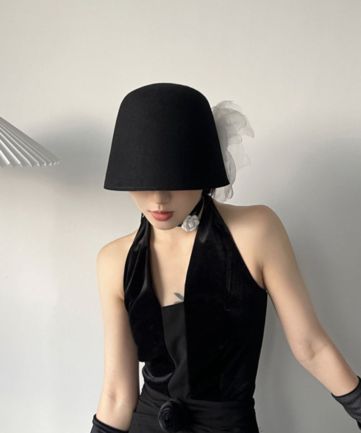 Original Design Black Tulle Rose Wool Bucket Hat