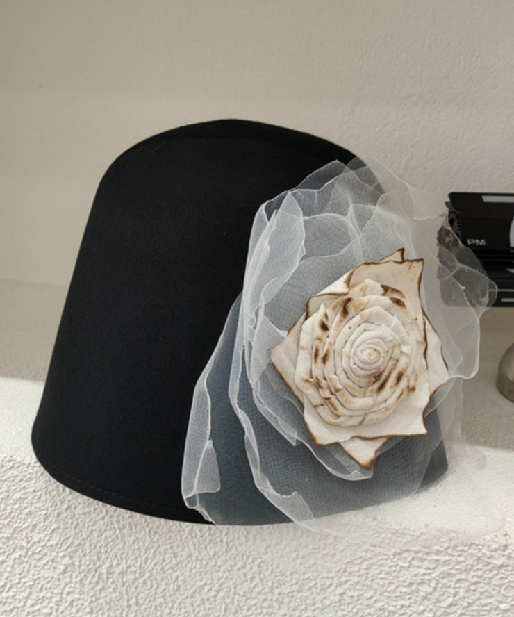 Original Design Black Tulle Rose Wool Bucket Hat