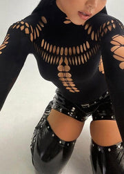Original Design Black Turtleneck Hollow Out Tulle Bodysuit