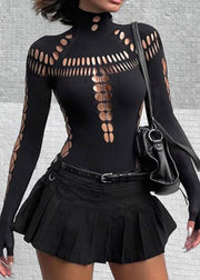 Original Design Black Turtleneck Hollow Out Tulle Bodysuit