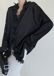 Original Design Black V Neck Patchwork Cotton Shirt Fall
