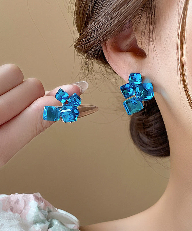 Original Design Blue Alloy Asymmetrical Crystal Sugar Cube Stud Earrings