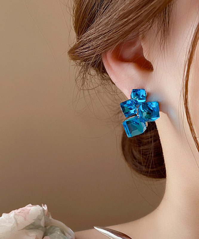 Original Design Blue Alloy Asymmetrical Crystal Sugar Cube Stud Earrings