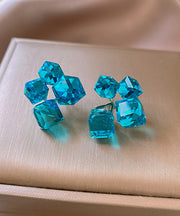 Original Design Blue Alloy Asymmetrical Crystal Sugar Cube Stud Earrings