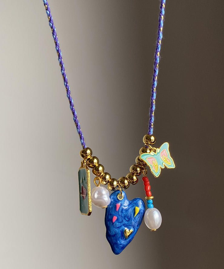 Original Design Blue Alloy Drip Glaze Love Butterfly Pendant Necklace