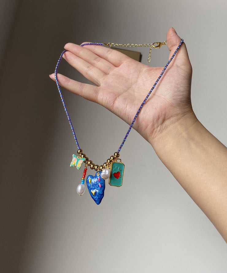 Original Design Blue Alloy Drip Glaze Love Butterfly Pendant Necklace