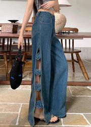 Original Design Blue Hollow Out Floral Denim Pants Fall