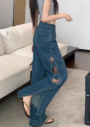Original Design Blue Hollow Out Floral Denim Pants Fall