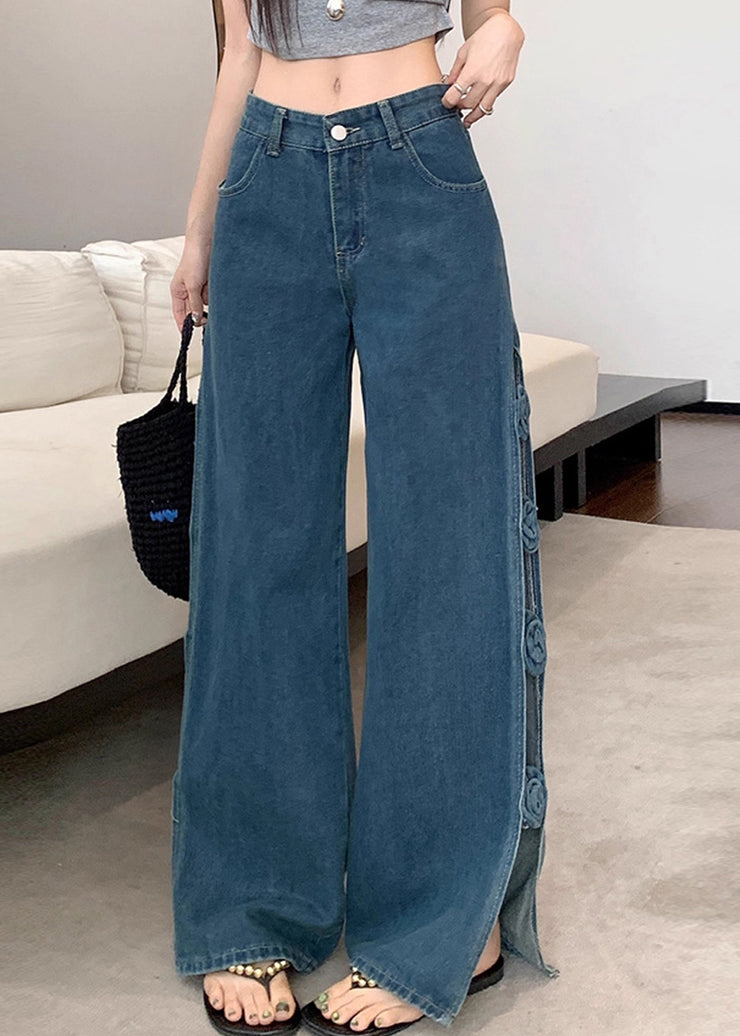 Original Design Blue Hollow Out Floral Denim Pants Fall