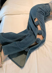 Original Design Blue Hollow Out Floral Denim Pants Fall