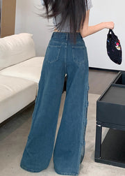 Original Design Blue Hollow Out Floral Denim Pants Fall
