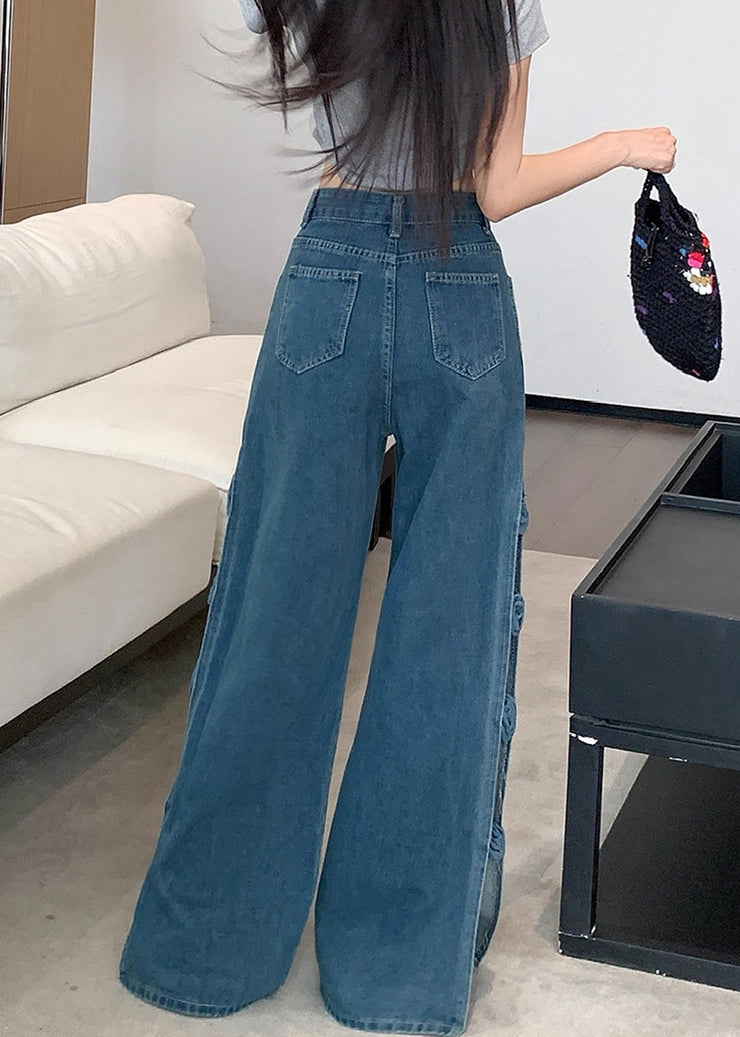 Original Design Blue Hollow Out Floral Denim Pants Fall