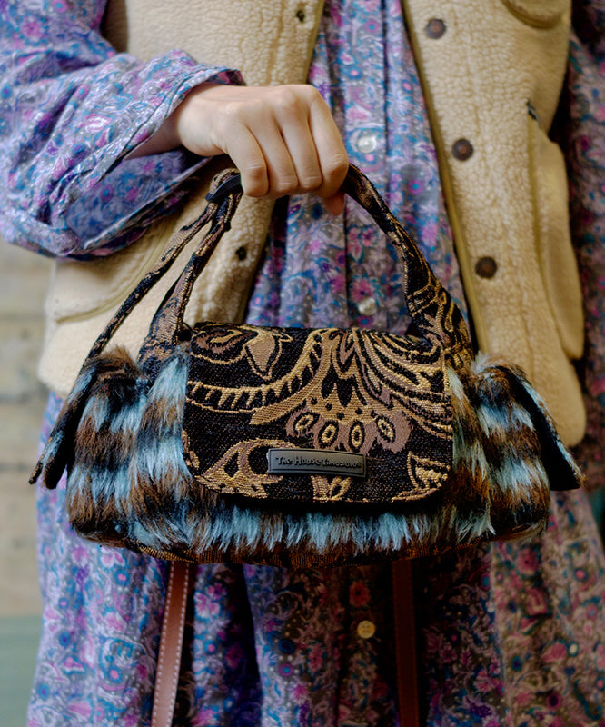 Original Design Blue Jacquard Fuzzy Fur Patchwork Tote Bag