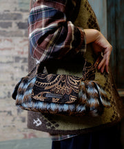 Original Design Blue Jacquard Fuzzy Fur Patchwork Tote Bag