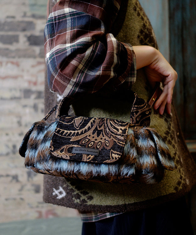 Original Design Blue Jacquard Fuzzy Fur Patchwork Tote Bag