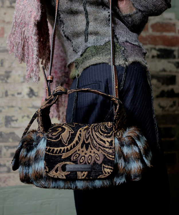Original Design Blue Jacquard Fuzzy Fur Patchwork Tote Bag