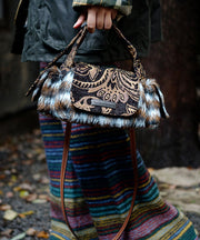 Original Design Blue Jacquard Fuzzy Fur Patchwork Tote Bag