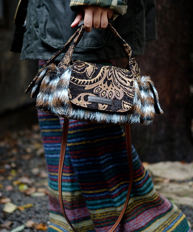 Original Design Blue Jacquard Fuzzy Fur Patchwork Tote Bag