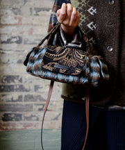 Original Design Blue Jacquard Fuzzy Fur Patchwork Tote Bag