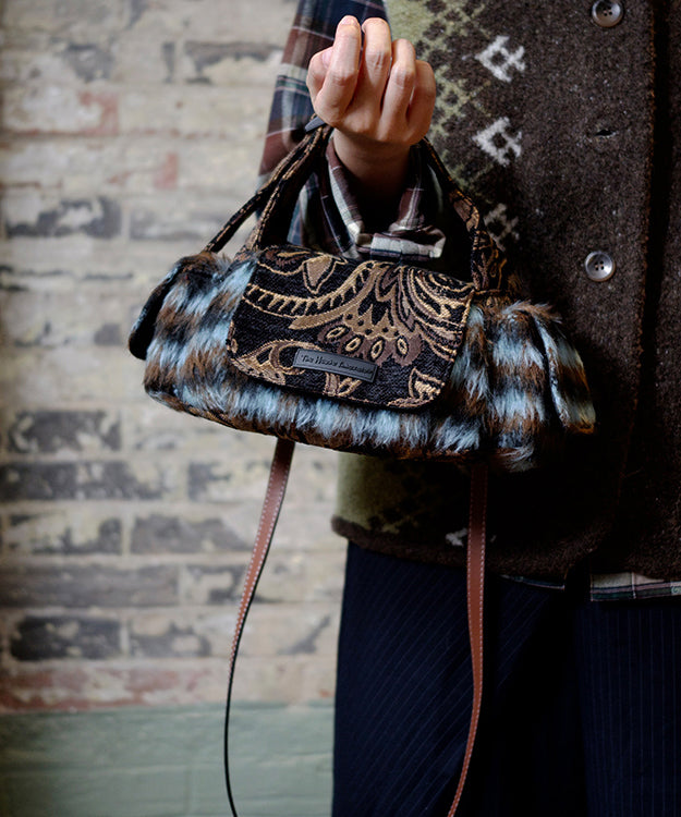 Original Design Blue Jacquard Fuzzy Fur Patchwork Tote Bag