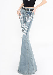 Original Design Blue Lace Up High Waist Denim Flared Trousers Fall