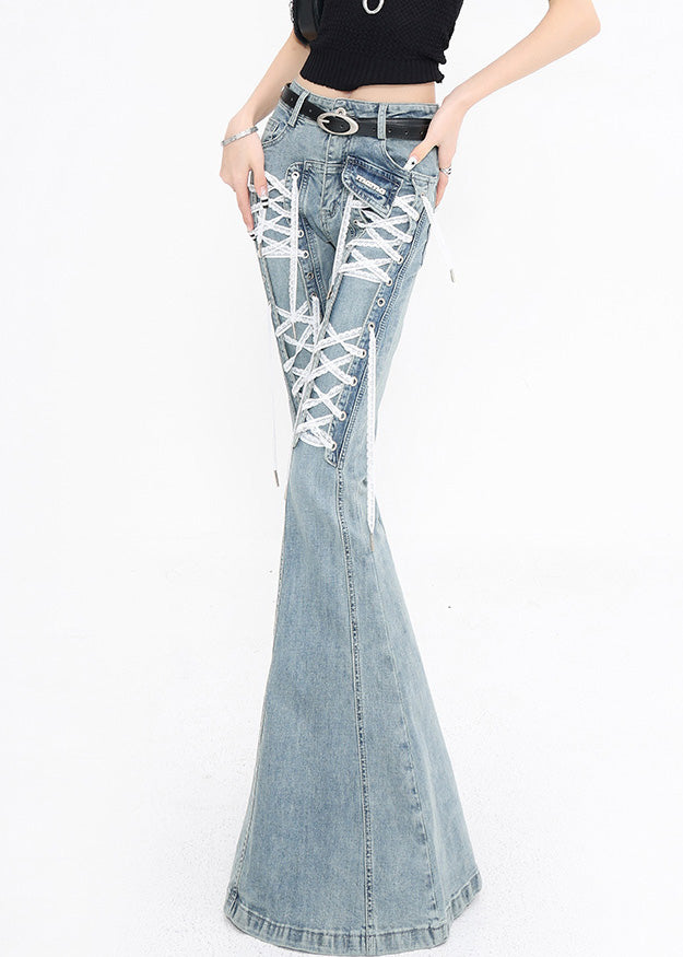 Original Design Blue Lace Up High Waist Denim Flared Trousers Fall
