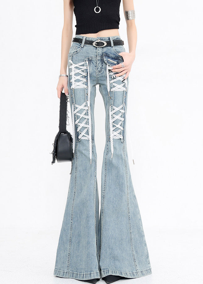 Original Design Blue Lace Up High Waist Denim Flared Trousers Fall