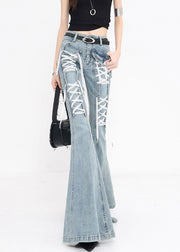 Original Design Blue Lace Up High Waist Denim Flared Trousers Fall