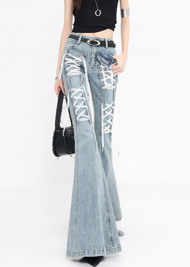 Original Design Blue Lace Up High Waist Denim Flared Trousers Fall