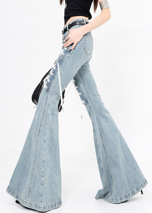 Original Design Blue Lace Up High Waist Denim Flared Trousers Fall